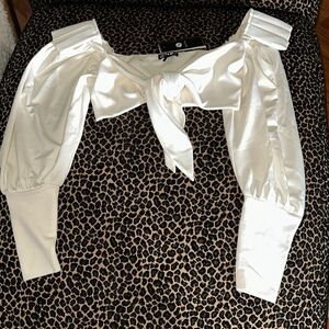 White Long Sleeve Tie Front Puffed Blouse